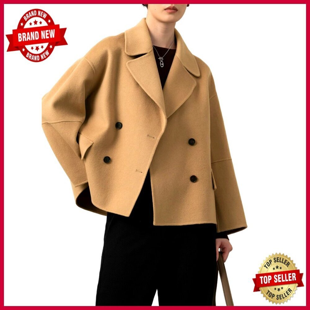 Cropped Wool Pea Coat Double Breasted Notched Lapel Relaxed Fit